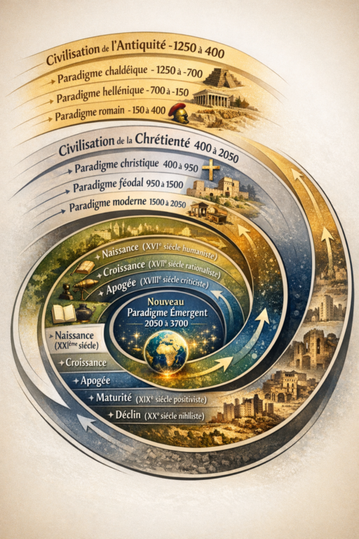 Illustration de l'évolution de l'humanité selon les cycles et les paradigmes des systèmes complexes